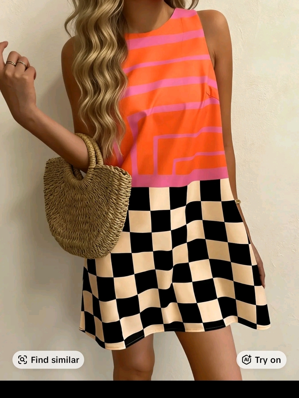 Bright Pink & Orange Geometric Tank Dress with Checkerboard Skirt